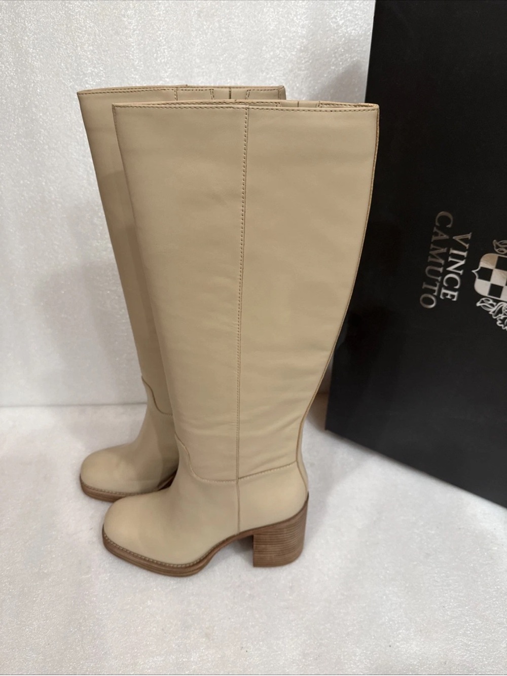Vince Camuto Cream/Buff Leather Knee-High Block Heel Boots GIBI new - Picture 3 of 7